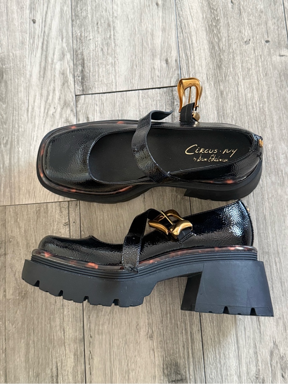 Circus by Sam Edelman Black Patent Mary Jane Lug Heels with Gold Buckle